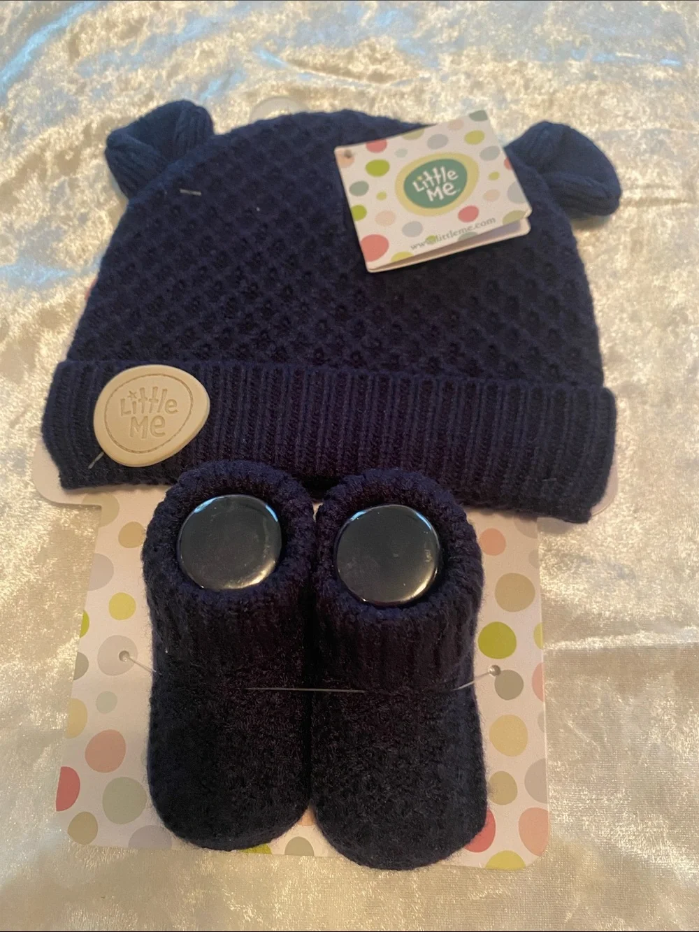 Little Me Navy Knit Hat with Ear Details and Matching Booties